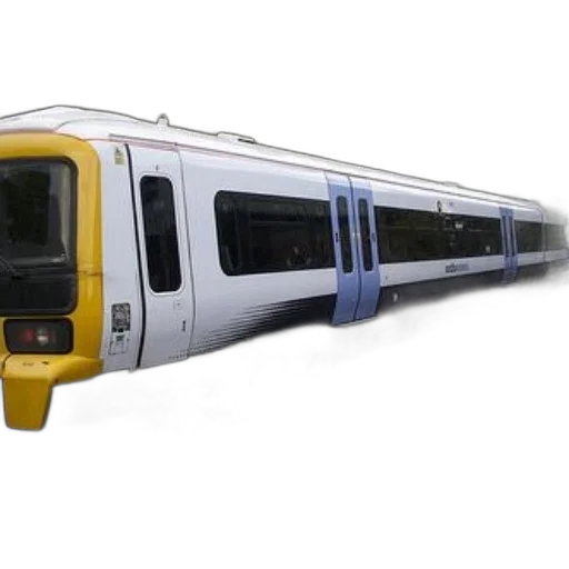 3d render, modern, passenger, train, blue, accents, yellow, front transparent PNG cut-out