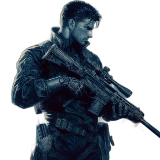 weapon, face, concept art, comic book art, photorealistic, pixel art, soldier, stands transparent PNG cut-out