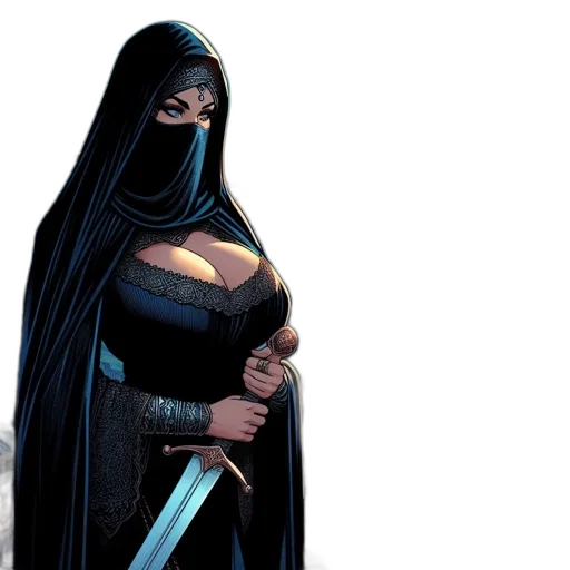 sword, comic book art, concept art, fantasy art, veiled, woman, black, cloak transparent PNG cut-out