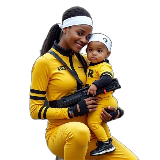 person, yellow, black, outfit, kneeling, down, holding, child transparent PNG cut-out