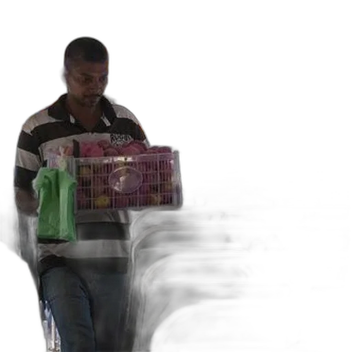 3d render, photorealistic, fire, man, striped, shirt, carries, crate transparent PNG cut-out