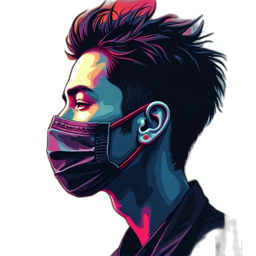 mask, face, jacket, creature, cyberpunk, pixel art, concept art, vaporwave transparent PNG cut-out