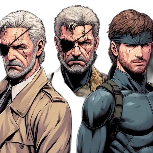 comic book art, concept art, earth tones, three, male, characters, metal, gear transparent PNG cut-out