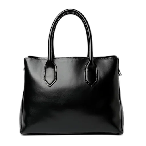 black, leather, handbag, shiny, reflective, surface, displayed, against transparent PNG cut-out