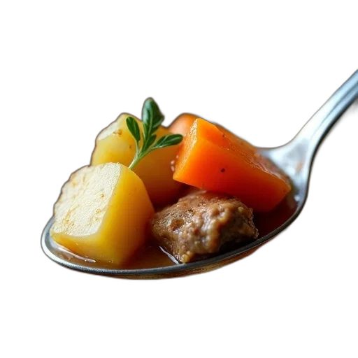 food, 3d render, photorealistic, close-up, image, spoon, filled, stew transparent PNG cut-out