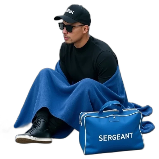 jacket, hat, furniture, 3d render, concept art, person, sitting, ground transparent PNG cut-out
