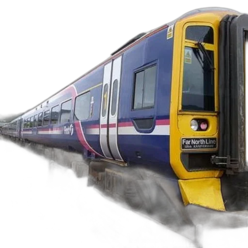 photorealistic, 3d render, blue, yellow, train, far, north, line transparent PNG cut-out