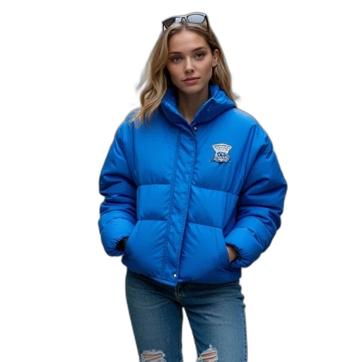 jacket, staff, blue, woman, standing, street, corner, wearing transparent PNG cut-out