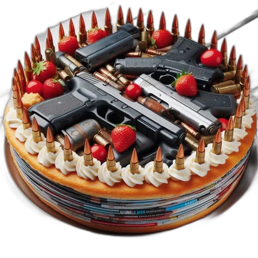 weapon, food, 3d render, photorealistic, cake, firearms, theme, decorated transparent PNG cut-out