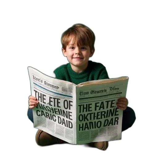young, boy, sitting, floor, newspaper, front, him, has transparent PNG cut-out