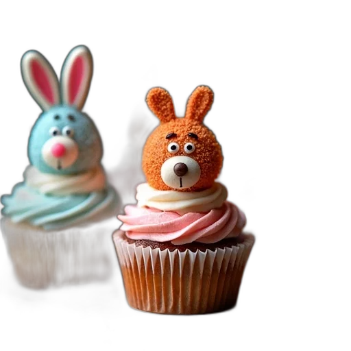 food, 3d render, photorealistic, cupcakes, decorated, characters, ruggles transparent PNG cut-out