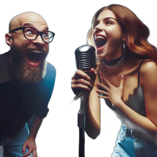 photorealistic, two, performers, sing, speak, into, microphones, against transparent PNG cut-out