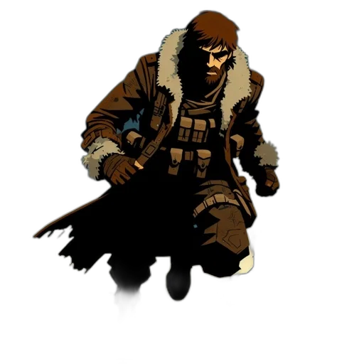 jacket, weapon, staff, concept art, comic book art, pixel art, fantasy art, earth tones transparent PNG cut-out
