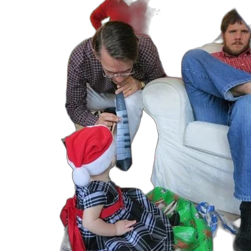 furniture, hat, man, plaid, shirt, playing, baby, wearing transparent PNG cut-out