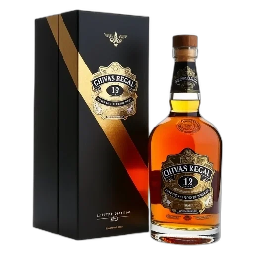 bottle, chivas, regal, ultis, whisky, displayed, box, positioned transparent PNG cut-out