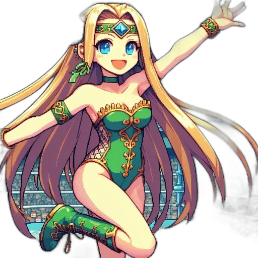 dress, staff, pixel art, fantasy art, anime, concept art, green, colorful transparent PNG cut-out