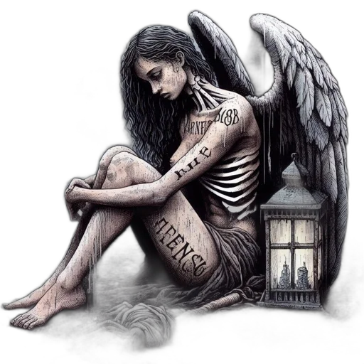 fantasy art, concept art, photorealistic, comic book art, dark, woman, wings, sits transparent PNG cut-out