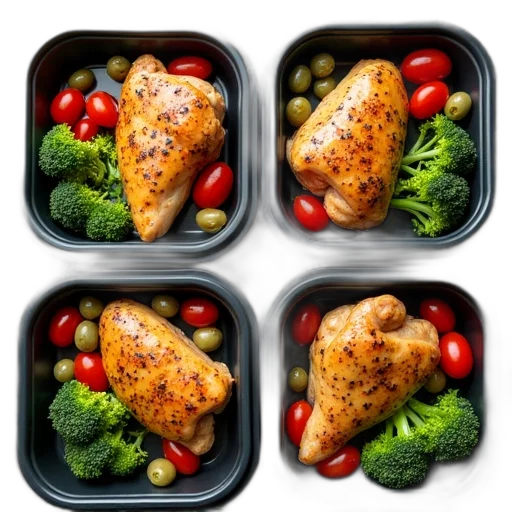food, four, chicken, meal, prep, containers, tomatoes, broccoli transparent PNG cut-out