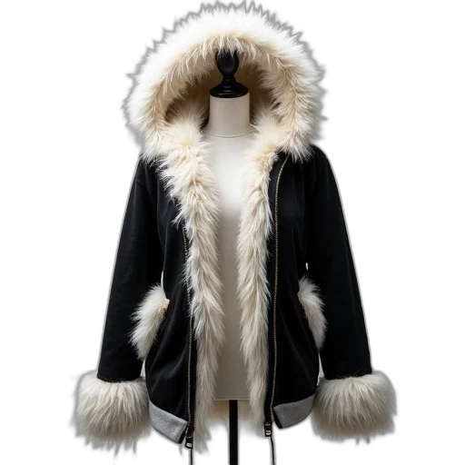 jacket, black, white, hoodie, large, fluffy, fur, collar transparent PNG cut-out