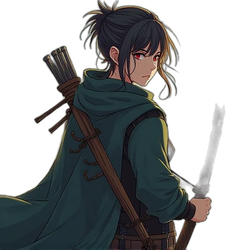 sword, staff, weapon, jacket, concept art, fantasy art, anime, watercolor transparent PNG cut-out