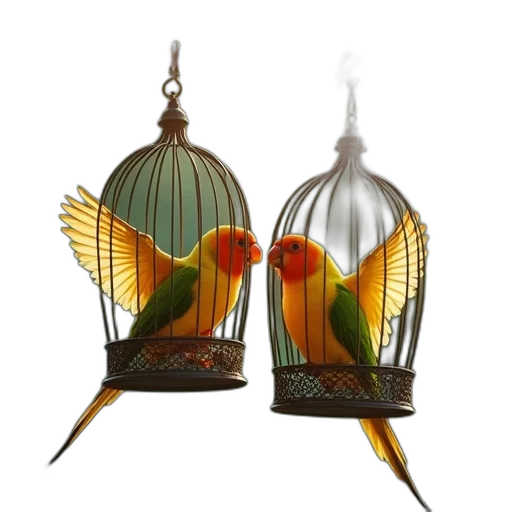 jewelry, 3d render, photorealistic, concept art, lovebirds, cages, flying, together transparent PNG cut-out