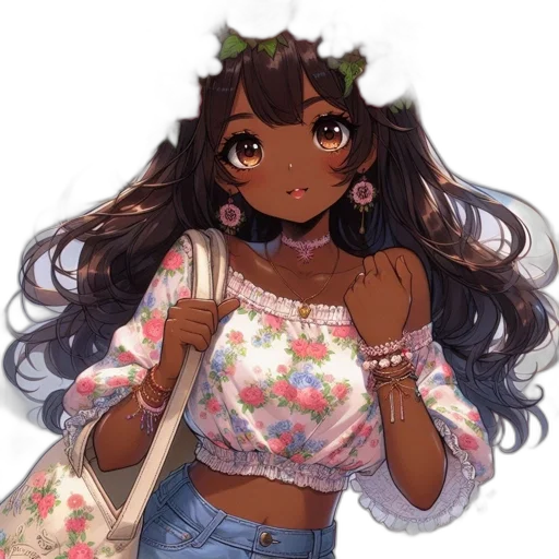 dress, jewelry, flower, staff, anime, cartoon, pixel art, watercolor transparent PNG cut-out