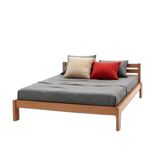 furniture, 3d render, wooden, bed, grey, quilted, cover, two transparent PNG cut-out