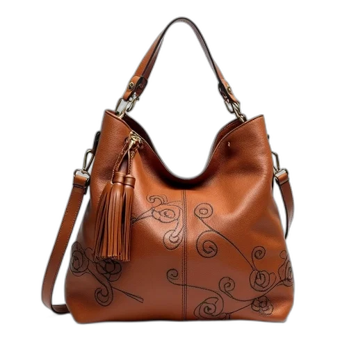 brown, leather, handbag, floral, pattern, tassel, zipper, pull transparent PNG cut-out