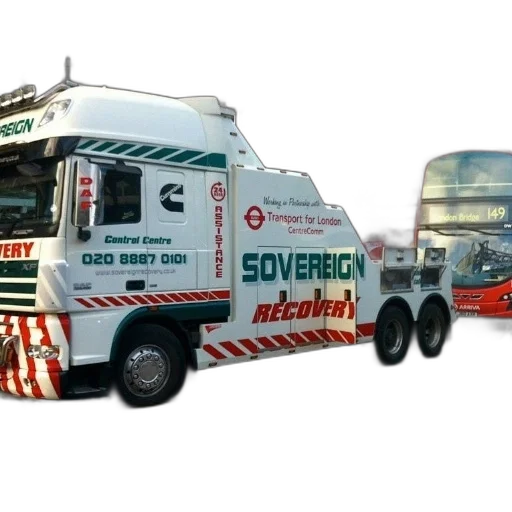 3d render, photorealistic, concept art, white, tow, truck, word, sovereign transparent PNG cut-out