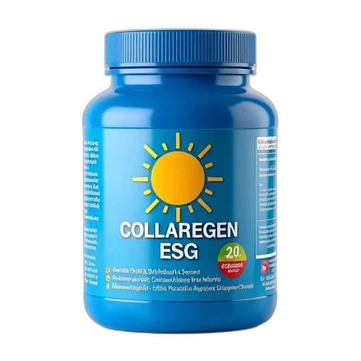 blue, container, label, reads, collaregen, esg, shown, against transparent PNG cut-out