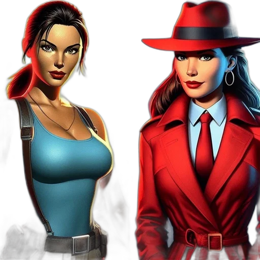 comic book art, concept art, fantasy art, photorealistic, red, two, women, contrast transparent PNG cut-out