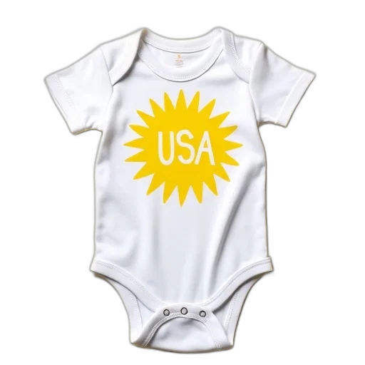 white, onesie, yellow, sun, graphic, text, usa, front transparent PNG cut-out
