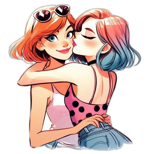 cartoon, comic book art, watercolor, concept art, two, female, characters, one transparent PNG cut-out