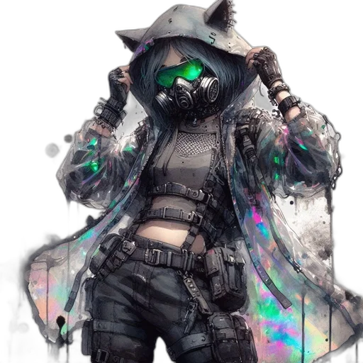 jacket, mask, weapon, robot, cyberpunk, concept art, fantasy art, pixel art transparent PNG cut-out