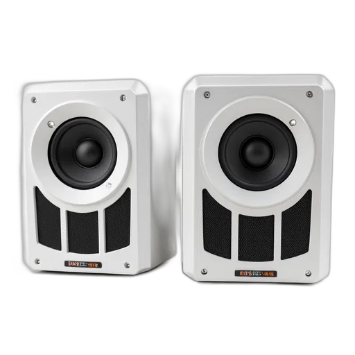 two, identical, white, speakers, black, grille, brand, name transparent PNG cut-out
