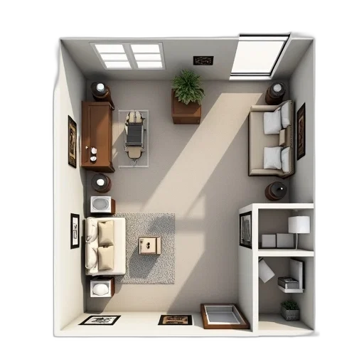 furniture, 3d render, photorealistic, concept art, earth tones, monochrome, floor, plan transparent PNG cut-out