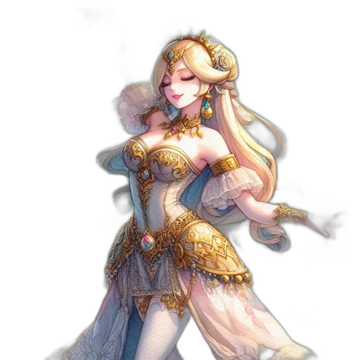 dress, staff, crown, fantasy art, concept art, pixel art, watercolor, golden transparent PNG cut-out
