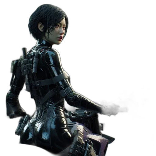 weapon, robot, jacket, cyberpunk, concept art, 3d render, fantasy art, dark transparent PNG cut-out
