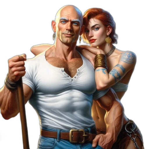 weapon, comic book art, concept art, fantasy art, cyberpunk, two, individuals, bald transparent PNG cut-out