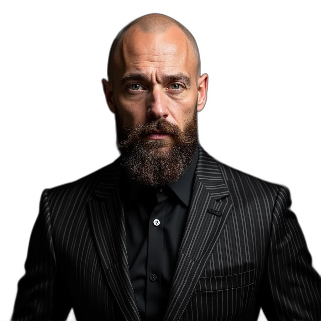 jacket, face, staff, hair, photorealistic, man, bald, head transparent PNG cut-out