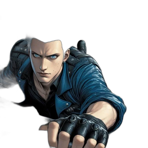 weapon, jacket, comic book art, concept art, fantasy art, photorealistic, blue, animated transparent PNG cut-out