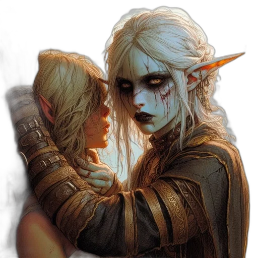 fantasy art, concept art, comic book art, pixel art, blue, dark, two, characters transparent PNG cut-out
