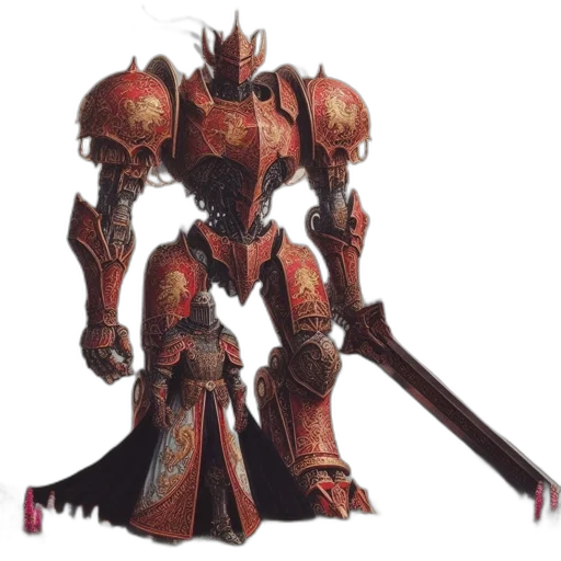 robot, sword, weapon, staff, concept art, 3d render, fantasy art, red transparent PNG cut-out