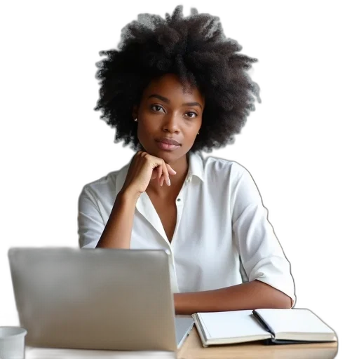 staff, hair, woman, large, afro, hairstyle, sitting, desk transparent PNG cut-out