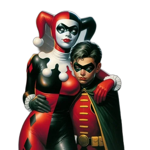 comic book art, concept art, harley, quinn, robin, stand, together, dimly transparent PNG cut-out