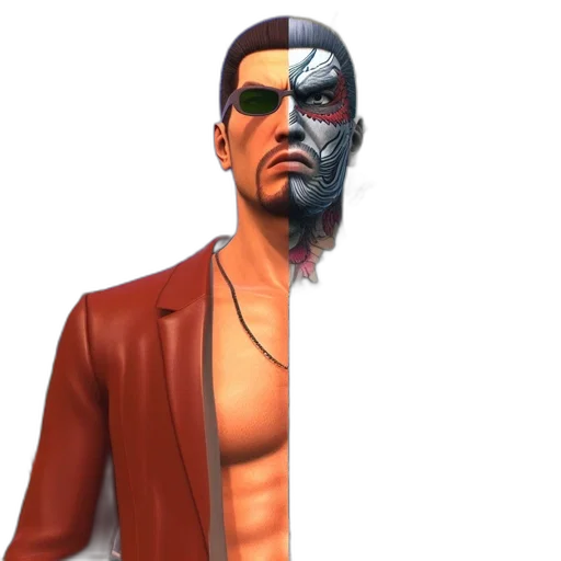 mask, jacket, face, robot, concept art, cyberpunk, 3d render, comic book art transparent PNG cut-out