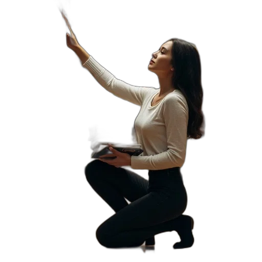 staff, jacket, woman, kneeling, down, library, holding, stack transparent PNG cut-out