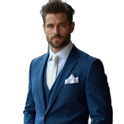 jacket, photorealistic, blue, man, suit, white, tie, pocket transparent PNG cut-out