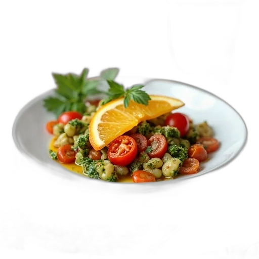 food, photorealistic, 3d render, plate, variety, vegetables, slice, orange transparent PNG cut-out