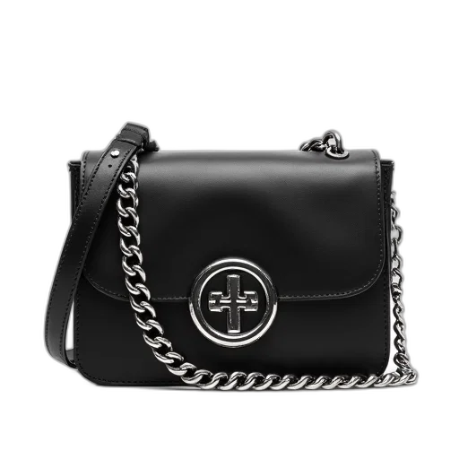 monochrome, black, leather, handbag, silver, chain, strap, circular transparent PNG cut-out